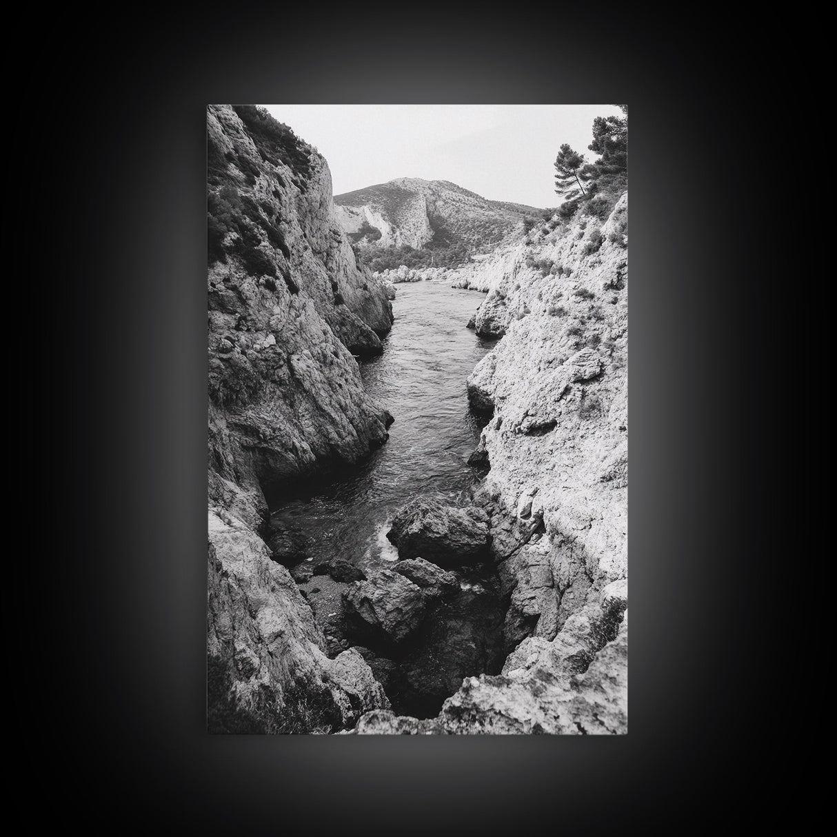 Mountain Gorge, Rugged Canyon, Flowing Stream, Wilderness Explorer, Framed Canvas Print, Cabin Wall Art, Adventurous Rustic Style