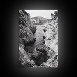 Mountain Gorge, Rugged Canyon, Flowing Stream, Wilderness Explorer, Framed Canvas Print, Cabin Wall Art, Adventurous Rustic Style