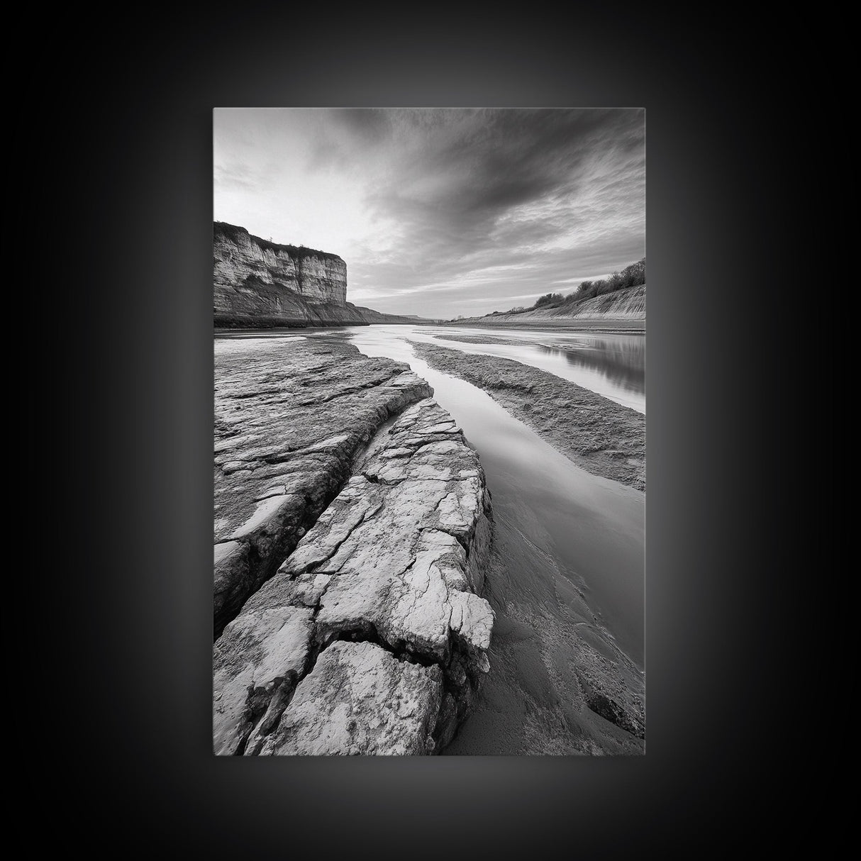 Eroded Riverbed, Desert Rock, Serene Canyon, Long Exposure, Framed Canvas Print, Earth Tones, Dining Room Decor, Nature Inspired