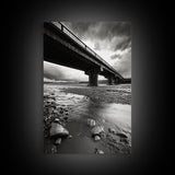Stormy Bridge, River Rocks, Dramatic Sky, Modern Landscape, Framed Canvas Print, Moody Photography, Office Wall Art, Minimalist Decor