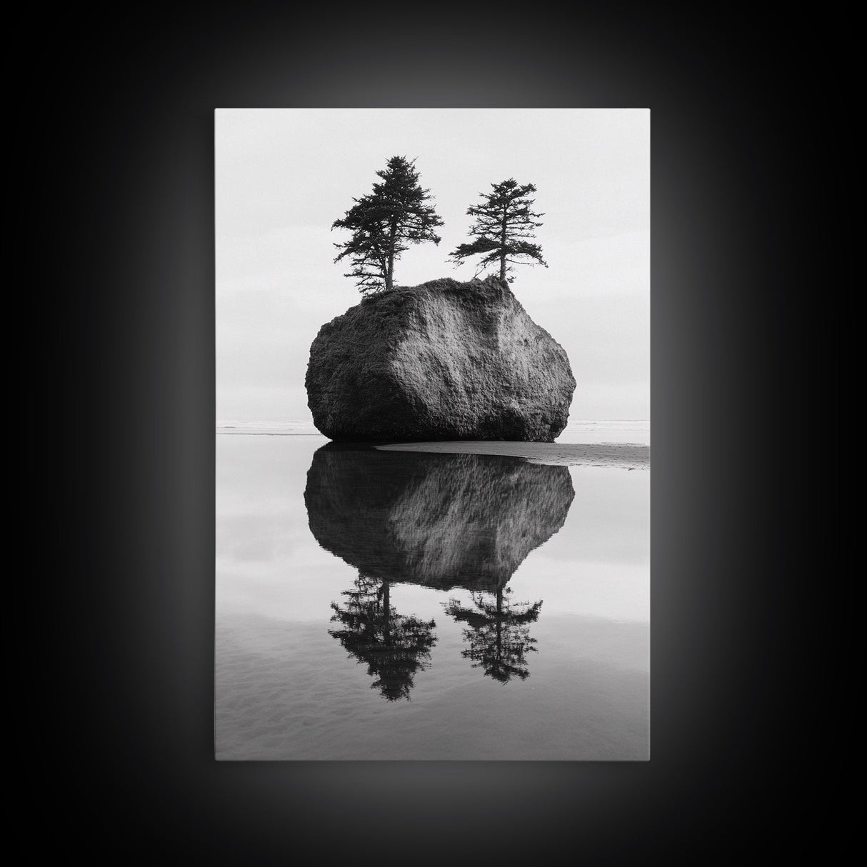 Island Reflection, Twin Trees, Still Water, Minimal Seascape, Framed Canvas Print, Bedroom Wall Art, Zen Decor, Black and White Art