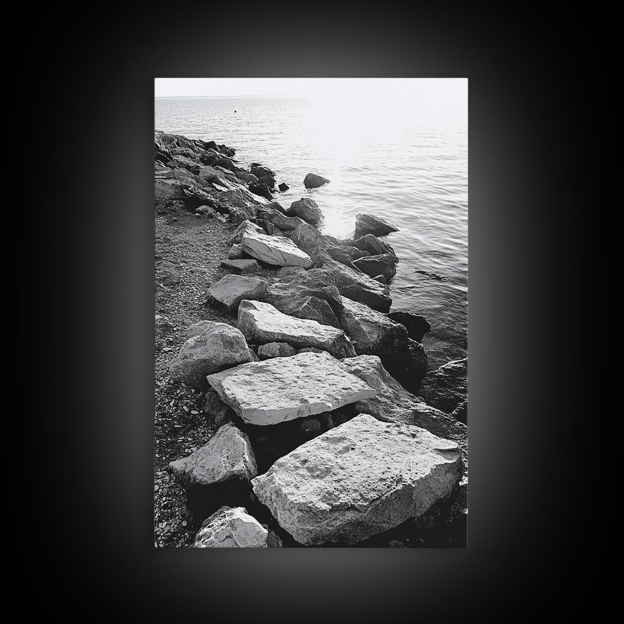 Shore Rocks, Sunlit Ocean, Rugged Texture, Minimal Horizon, Framed Canvas Print, Entryway Wall Art, Beach Decor, Neutral Tones