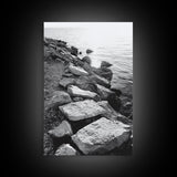 Shore Rocks, Sunlit Ocean, Rugged Texture, Minimal Horizon, Framed Canvas Print, Entryway Wall Art, Beach Decor, Neutral Tones