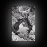 Reflective Rock Pool, Tranquil Nature, Monochrome Landscape, Black and White Framed Canvas Print, Minimalist Bathroom or Spa Wall Art