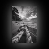 Beach Rope Knot, Coastal Connection, Ocean Shoreline, Nautical Canvas Print, Black and White Bathroom or Seaside Wall Decor