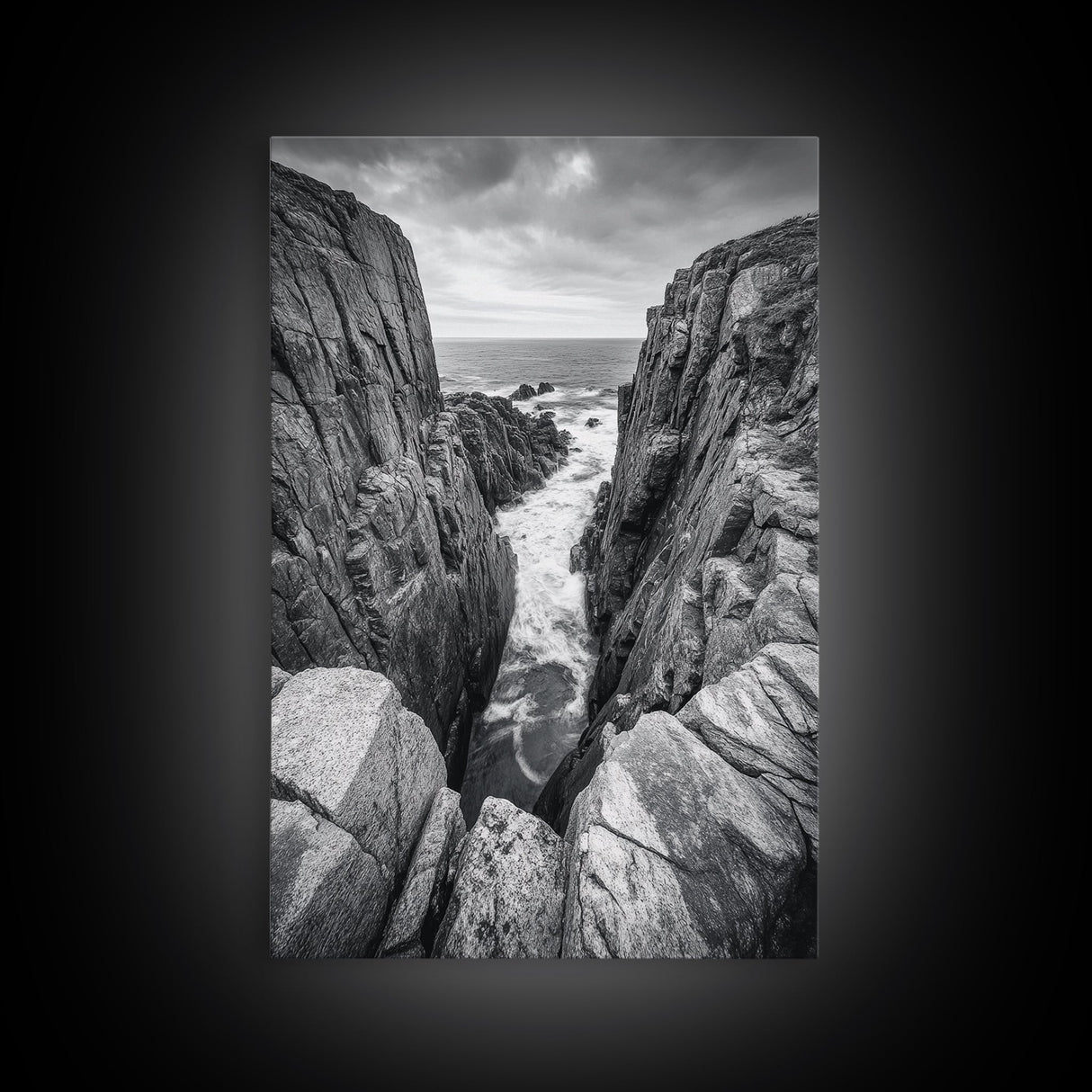 Ocean Cliff Pass, Rugged Coastal Rocks, Nature Power, Monochrome Framed Canvas Print, Moody Bathroom or Masculine Office Art