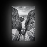 Ocean Cliff Pass, Rugged Coastal Rocks, Nature Power, Monochrome Framed Canvas Print, Moody Bathroom or Masculine Office Art