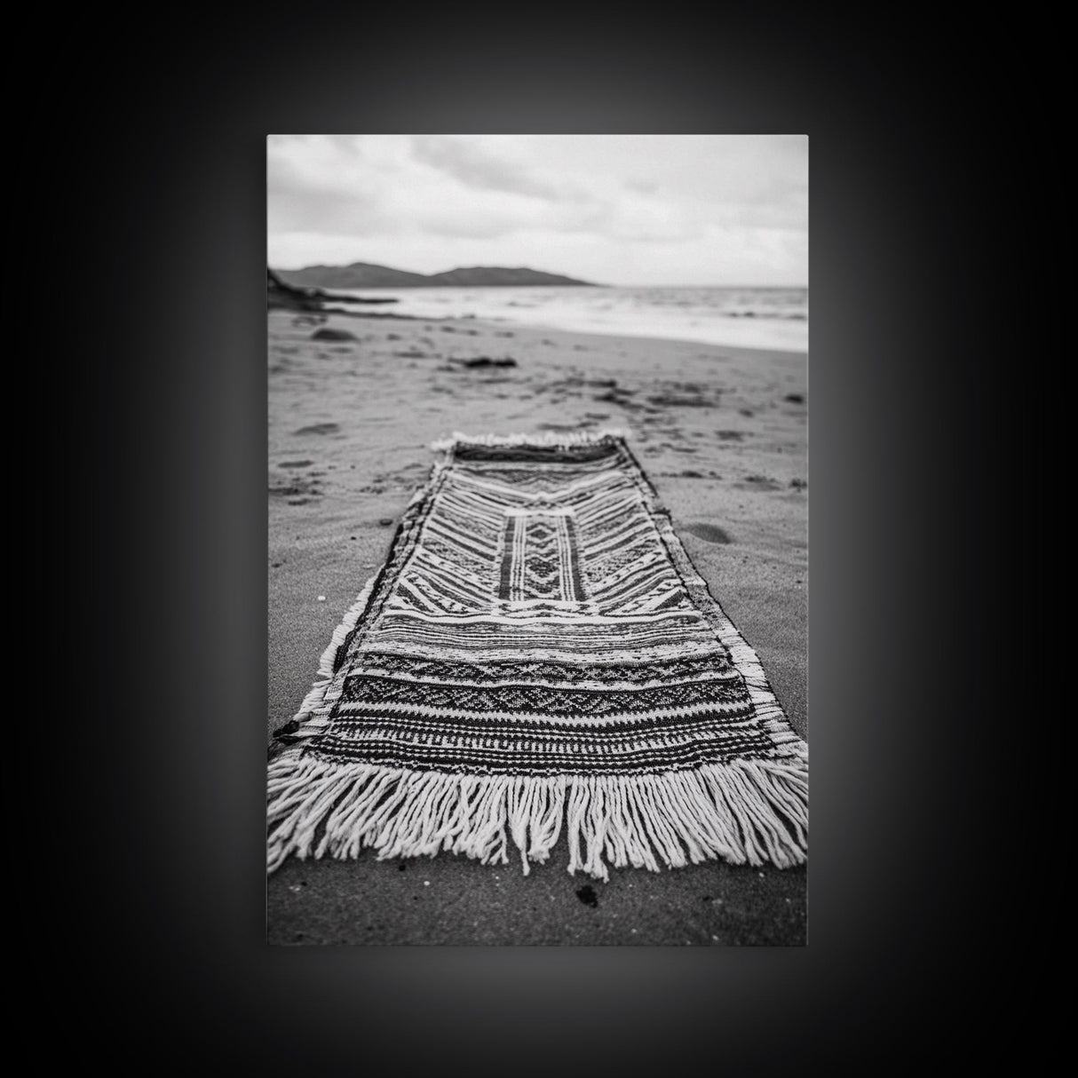 Woven Rug Beach, Bohemian Escape, Textile Texture, Black and White Canvas Print, Boho Bedroom or Yoga Studio Wall Decor