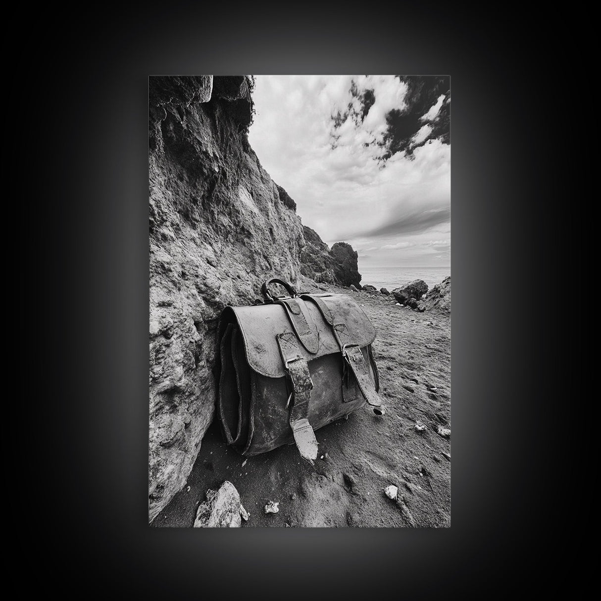 Deserted Leather Satchel, Coastal Adventure, Weathered Texture, Black and White Canvas Print, Vintage Office or Studio Wall Art