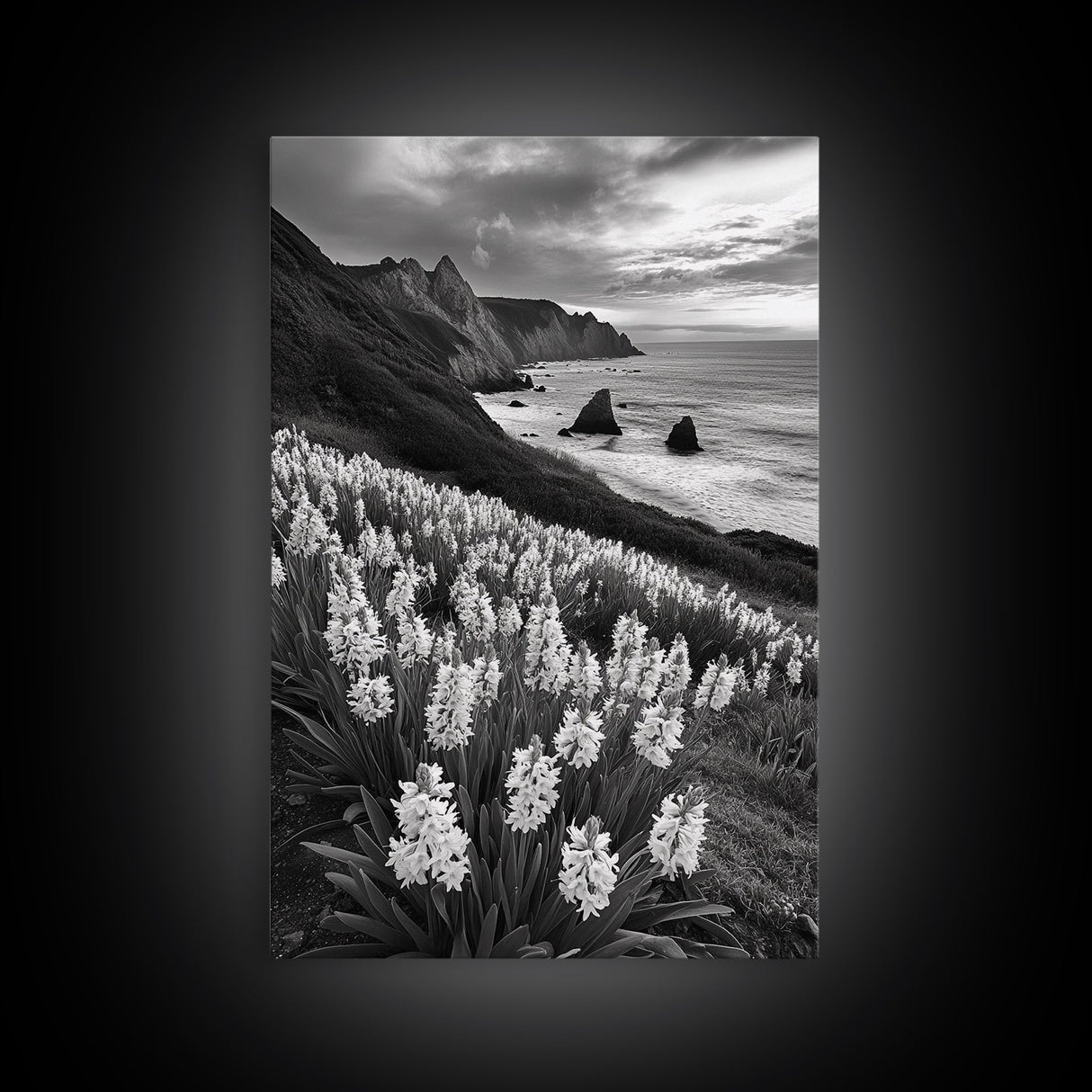 Coastal Blooms, Ocean Cliffs, Seaside Flowers, Canvas Print, Nature Photography, Living Room Art, Modern Coastal Wall Decor, Spring Vibes