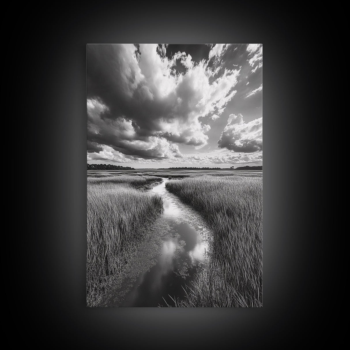 Marshland Stream, Dramatic Clouds, Nature Reflection, Canvas Print, Minimalist Landscape, Bathroom Art, Earthy Tones, Zen Mood