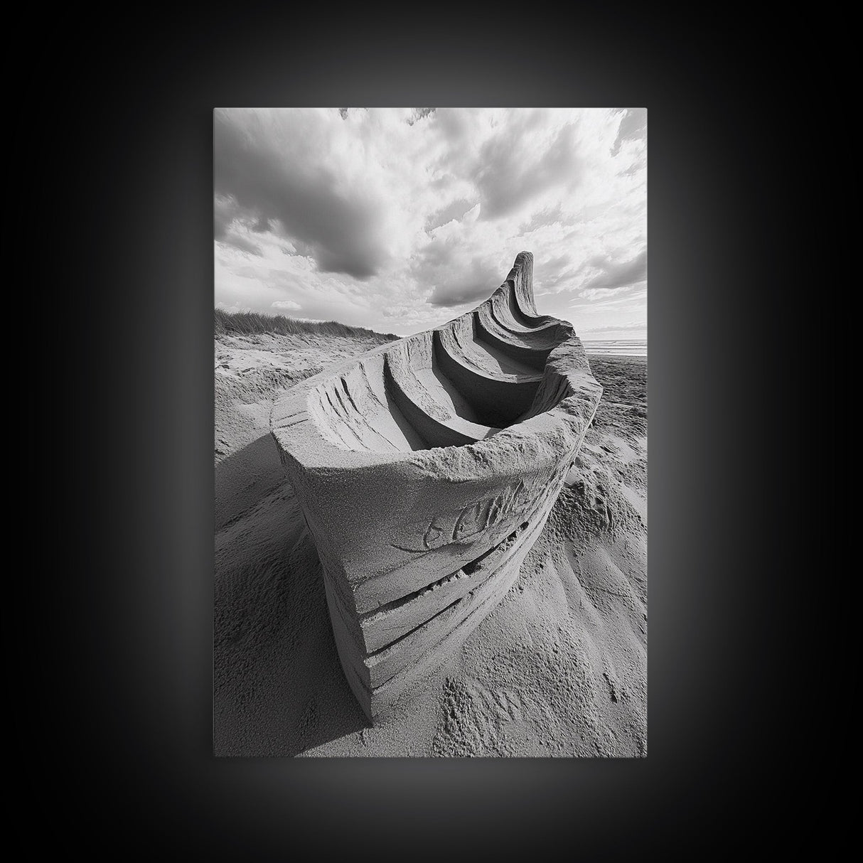 Sand Boat, Beach Sculpture, Dramatic Clouds, Textured Art, Framed Canvas Print, nautical wall art, coastal boho decor, modern beach print