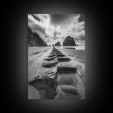 Ocean Rocks, Beach Landscape, Cloudy Sky, Rugged Coast, Canvas Print, coastal adventure wall art, living room decor, nature lover gift