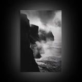 Stormy Cliffs, Ocean Fog, Monochrome Coast, Wild Nature Framed Canvas Print, moody wall art, rustic living room decor, dark aesthetic
