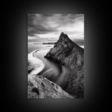 Mountain Peak, Coastal Horizon, Nature Majesty, Serene Edge Framed Canvas Print, modern landscape art, minimalist bedroom decor