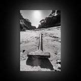 Industrial beach relic, iron hammer, rustic textures, minimalist black and white, Canvas Print, man cave art, coastal masculine decor