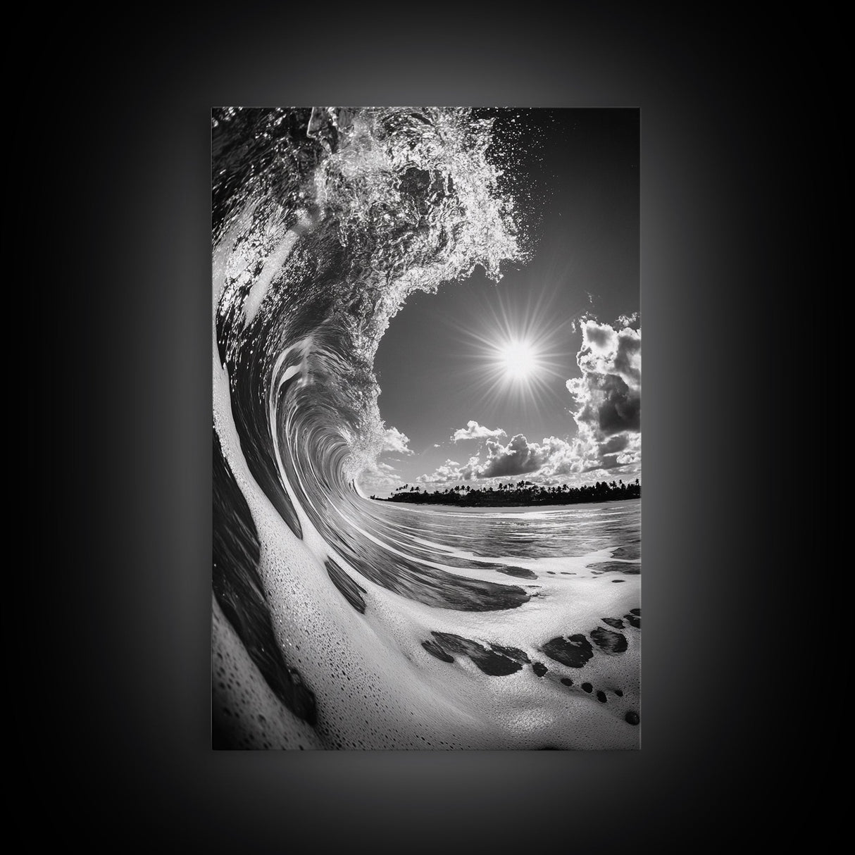 Wave Photography, Surfer Dream, Sea Curl Motion, Framed Canvas Print, Coastal Wall Art, Beach House Decor, Monochrome Ocean Style