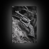 Floral Engraved Revolver, Vintage Western Gun, Cowboy Detail Shot, Canvas Print, Man Cave Art, Rustic Americana Wall Style