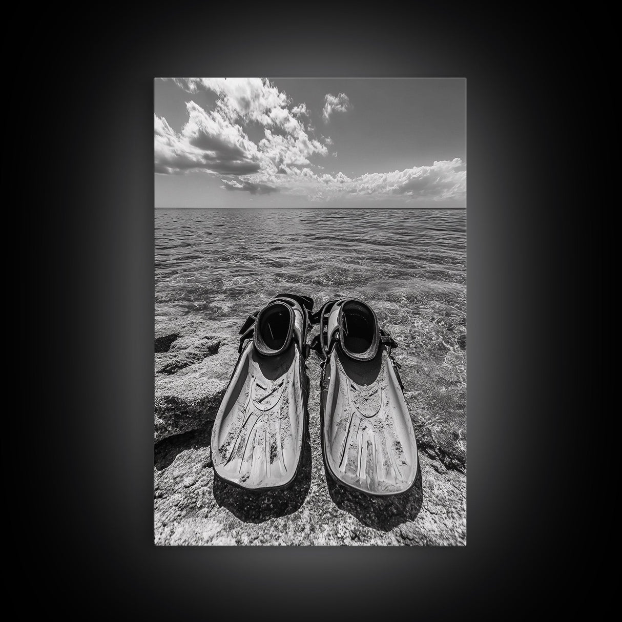 Ocean Fins, Coastal Escape, Underwater Adventure, Canvas Print, Beach Bathroom Wall Art, Nautical Photography, Black and White Decor