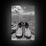 Ocean Fins, Coastal Escape, Underwater Adventure, Canvas Print, Beach Bathroom Wall Art, Nautical Photography, Black and White Decor