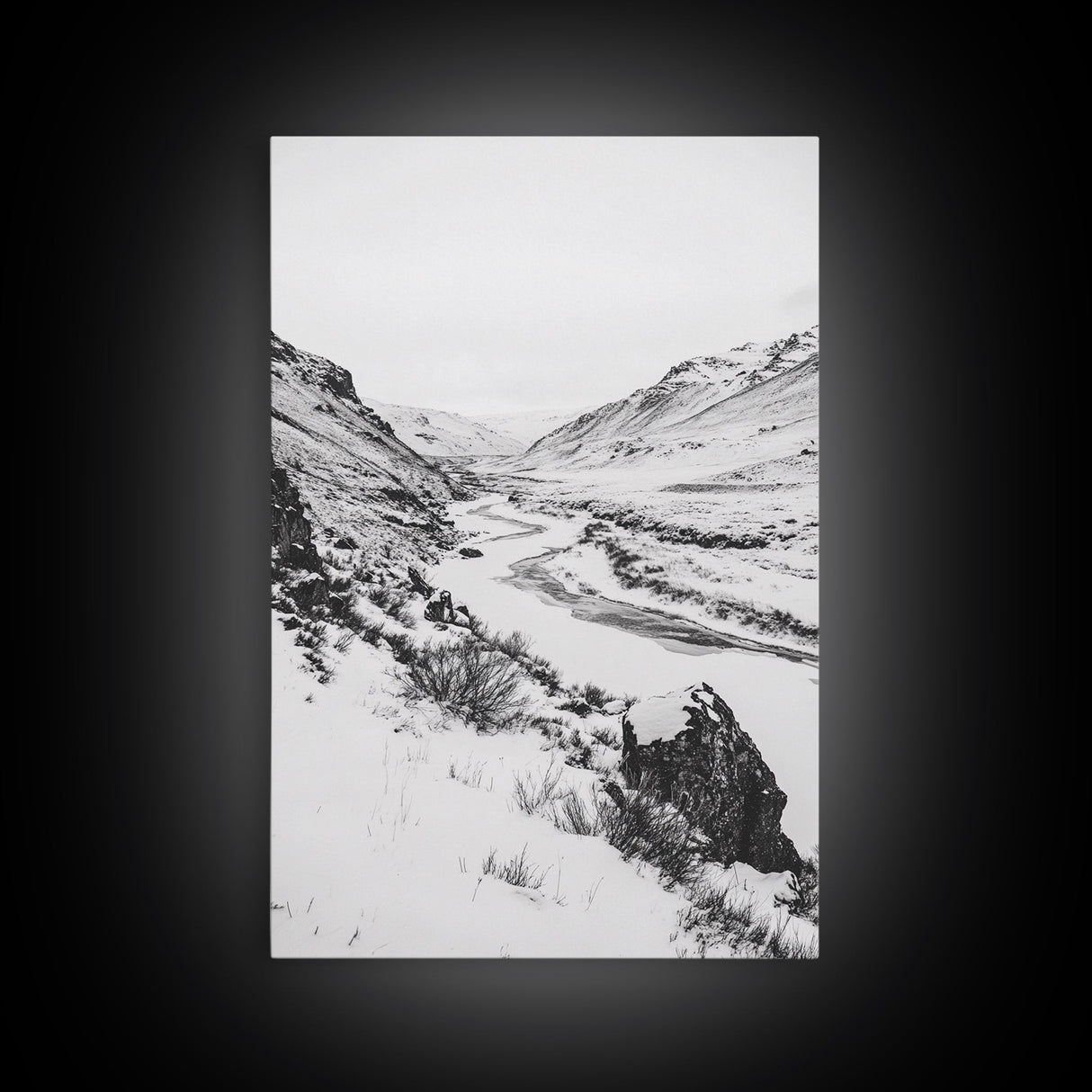 Snowy Canyon, Winter Valley, Frozen Landscape, Framed Canvas Print, Minimalist Wall Art, Neutral Living Room or Office Decor