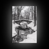 Stone Bridge, Winter Stream, Historic Pathway, Framed Canvas Print, Snowy Landscape Art, Traditional Living Room Wall Decor