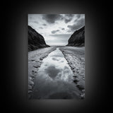 Ocean Reflection, Seaside Path, Moody Coastline, Canvas Print, Black and White Nature Photography, Modern Living Room Wall Art