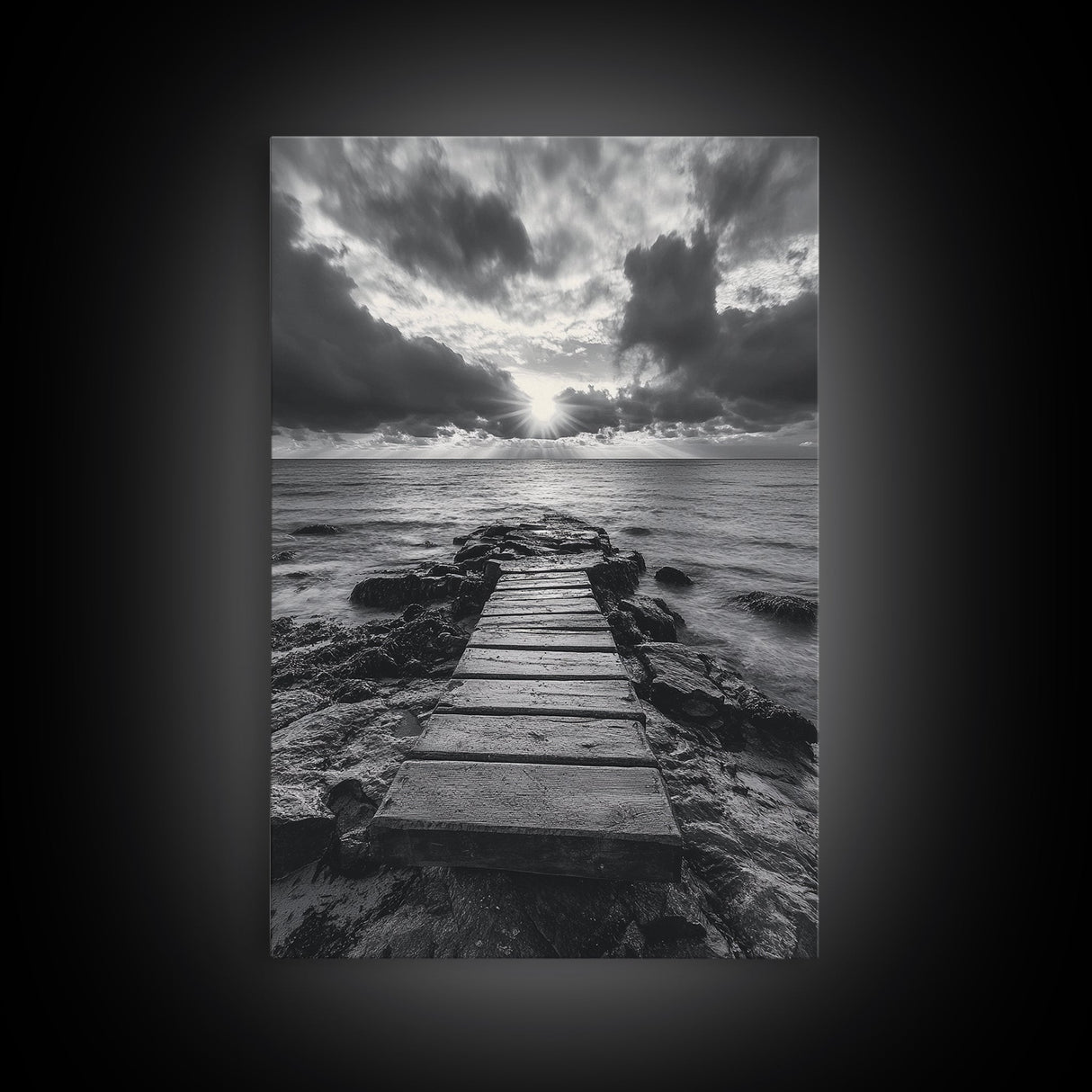 Ocean Pier Sunset, Dramatic Clouds, Seascape Pathway, Canvas Print, Coastal Living Room Art, Tranquil Decor, Minimalist Style