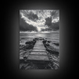 Ocean Pier Sunset, Dramatic Clouds, Seascape Pathway, Canvas Print, Coastal Living Room Art, Tranquil Decor, Minimalist Style