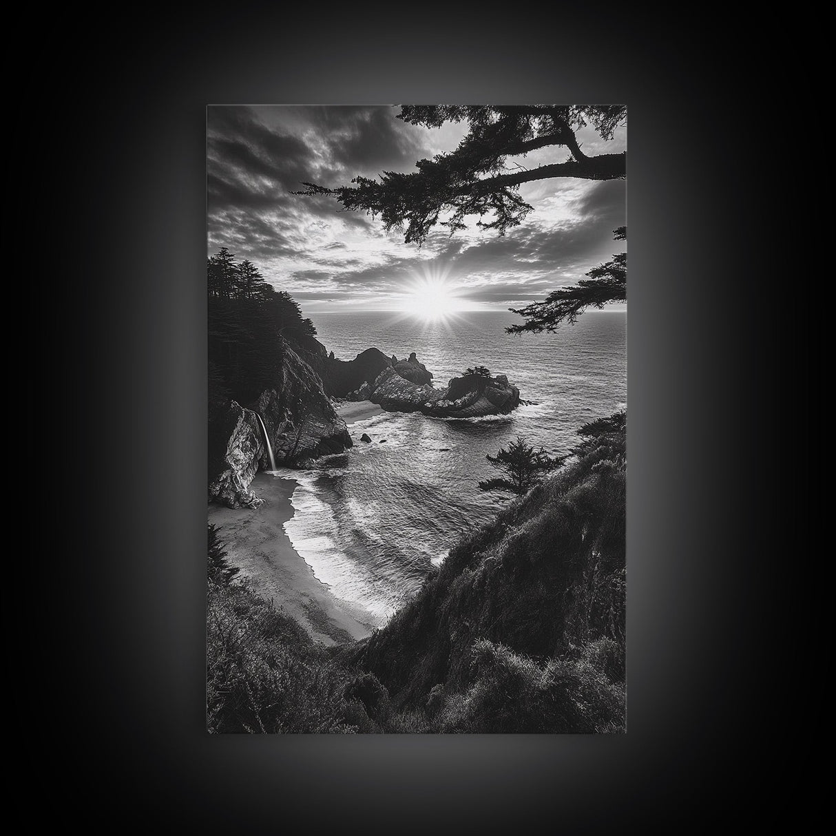 Cliffside Ocean View, Sunset Horizon, Trees Framing Sky, Canvas Print, Coastal Landscape Art, Cabin Living Room Decor, Moody Style