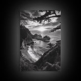 Cliffside Ocean View, Sunset Horizon, Trees Framing Sky, Canvas Print, Coastal Landscape Art, Cabin Living Room Decor, Moody Style