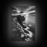 Rugged Sea Cliffs, Sunset Horizon, Serene Waters, Framed Canvas Print, Modern Nature Wall Art, Office Decor, Coastal Aesthetic