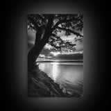 Tranquil Lake Sunset, Tree Silhouette, Calm Waters, Canvas Print, Nature Inspired Wall Art, Relaxing Bedroom Decor, Minimalist Zen