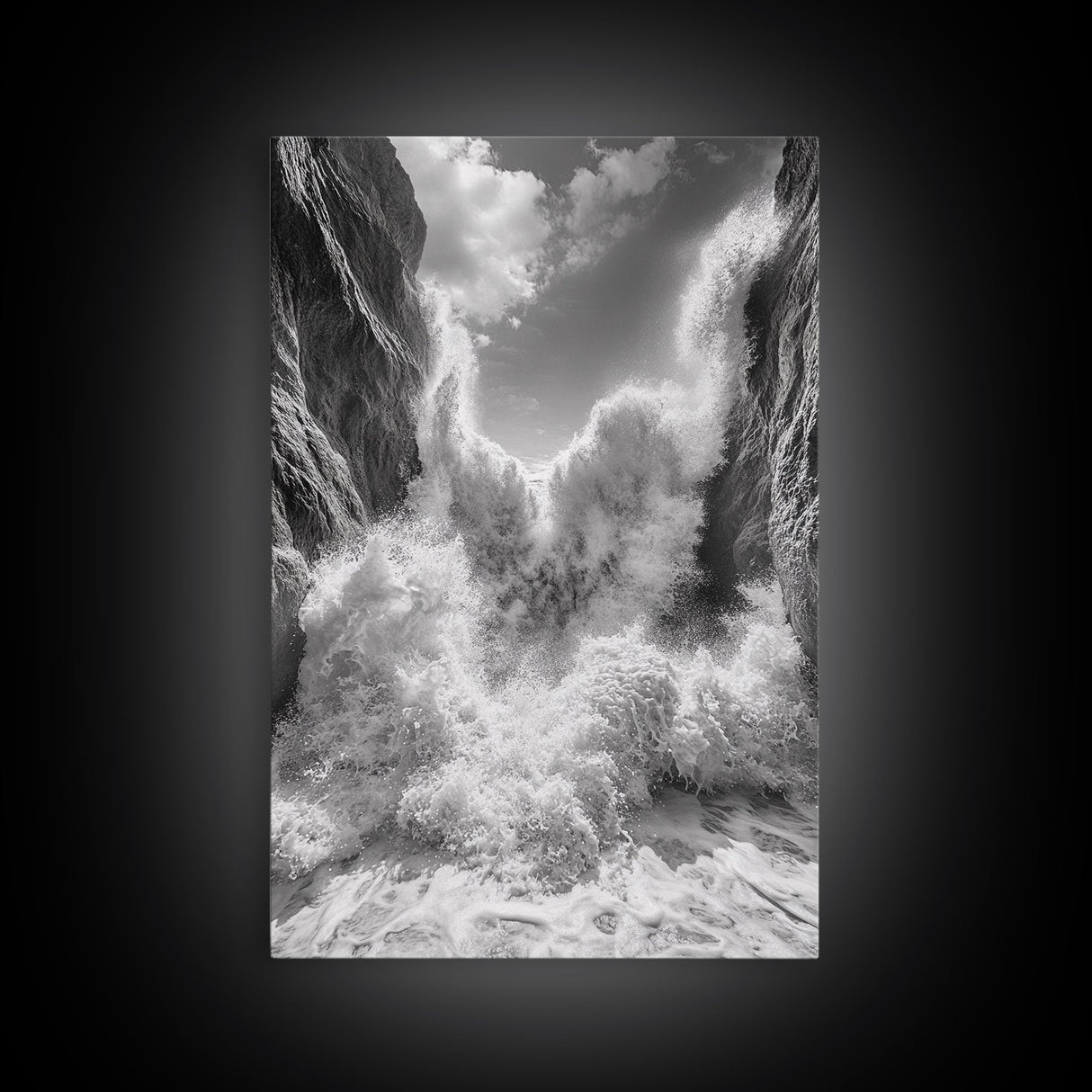 Ocean Splash, Cliff Waves, Nature Power, Dramatic Seascape, Framed Canvas Print, Living Room Statement, Black and White Wall Art