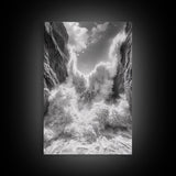 Ocean Splash, Cliff Waves, Nature Power, Dramatic Seascape, Framed Canvas Print, Living Room Statement, Black and White Wall Art