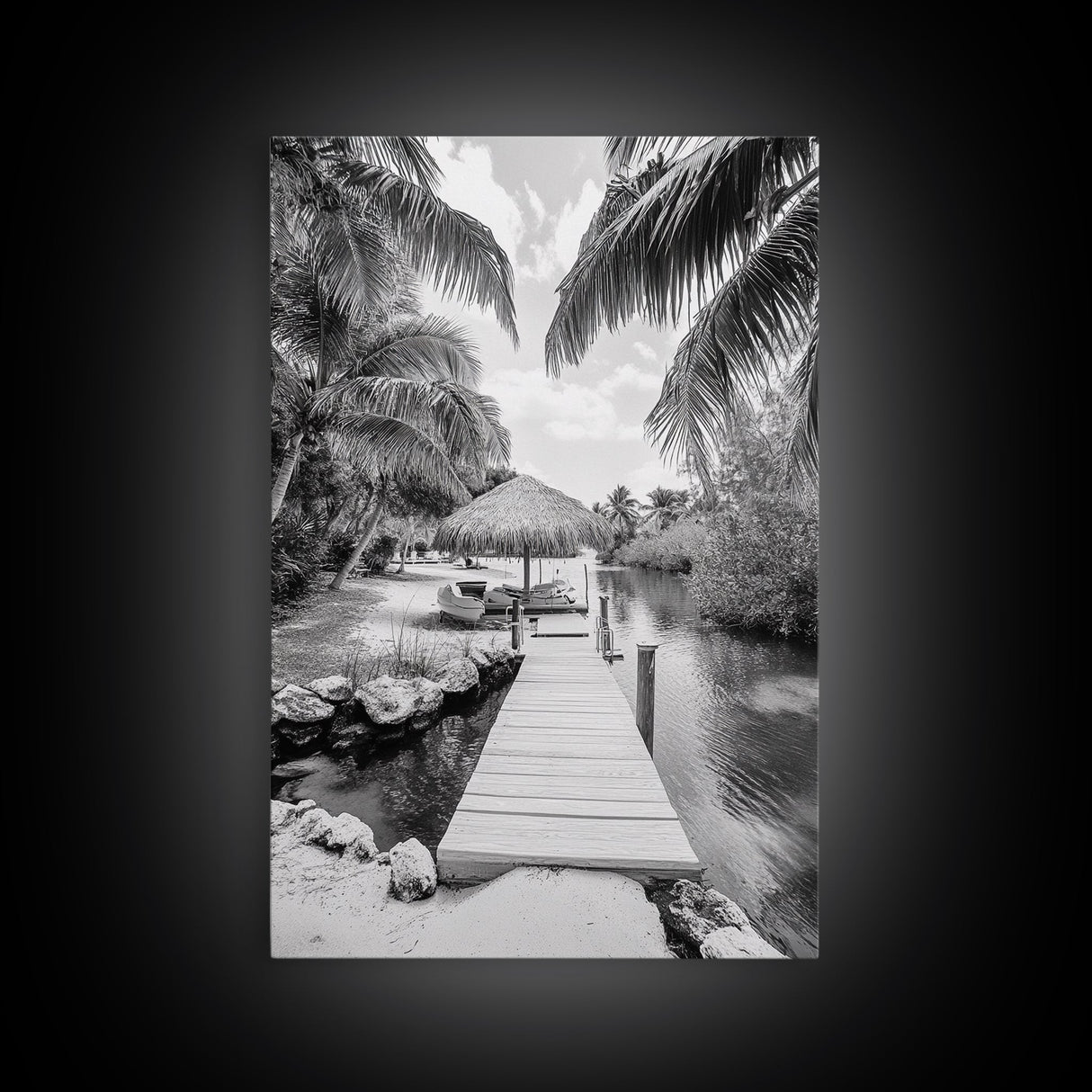 Tropical Dock, Island Escape, Palm Tree Beach, Secluded Lagoon, Canvas Print, Coastal Kitchen Art, Boho Tropical Wall Decor