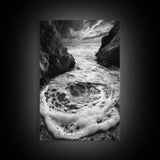 Sea Whirlpool, Dramatic Ocean, Coastal Rocks, Nature Motion, Framed Canvas Print, Bathroom Art, Modern Seaside Wall Decor