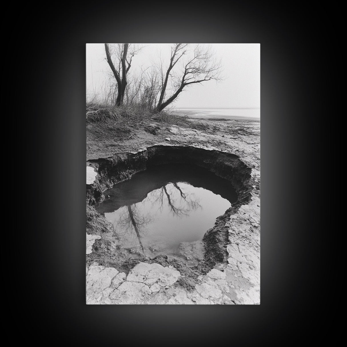 Reflected Trees Pool, Black White Nature, Moody Autumn Wall Art, Rustic Minimalist Style, Framed Canvas Print, Entryway Home Decor