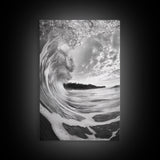 Ocean Wave Tunnel, Surfer's Eye View, Coastal Landscape, Bathroom Wall Art, Adventure Vibes, Framed Canvas Print, Black White Photography