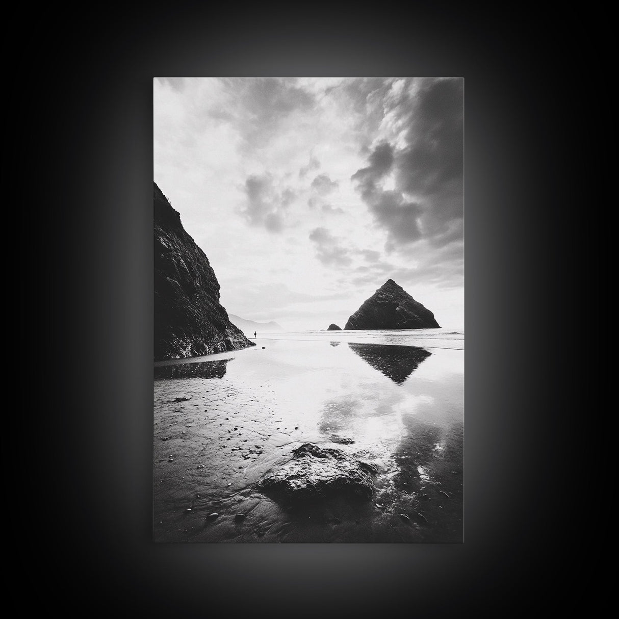 Remote beach reflection, lone hiker wanderlust, coastal rockscape, black white dreamscape, Framed Canvas Print, living room moody decor