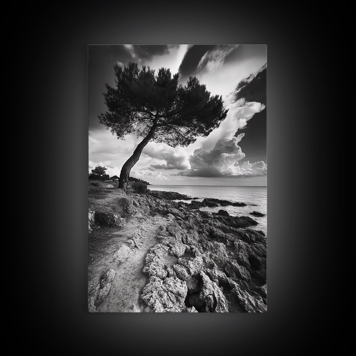Wind Bent Tree, Coastal Cliff, Solitary Beauty, Canvas Print, Nature Photography Wall Art, Minimalist Earthy Decor, Moody Landscape