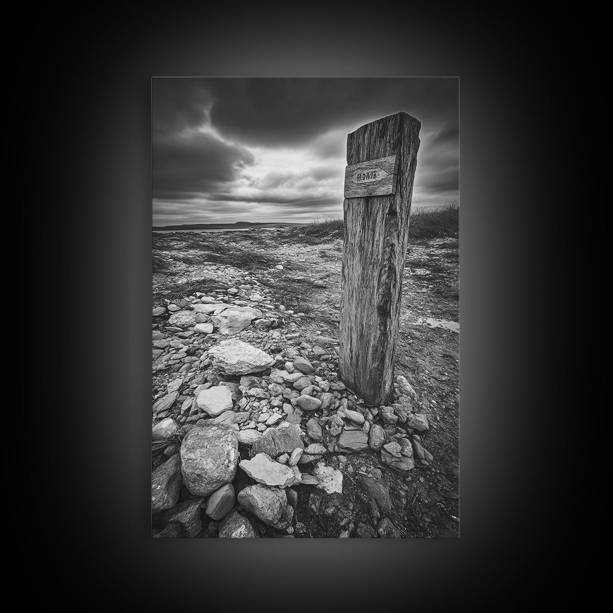 Weathered Exit, Symbolic Marker, Coastal Path, Canvas Print, Rustic Wall Art, Moody Landscape Decor, Entryway Statement Piece