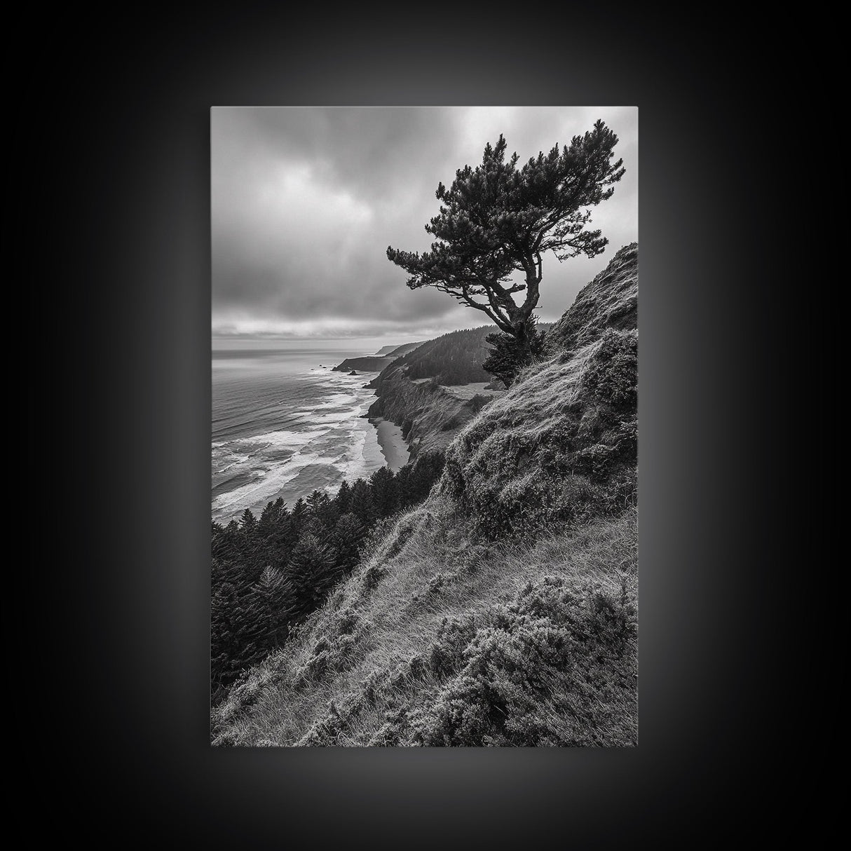Lone Tree, Ocean Bluff, Windy Coastline, Canvas Print, Coastal Landscape Wall Art, Moody Nature Decor, Minimalist Vibe, Coastal Wall Art