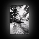 Tropical Sunset Beach, Palms and Waves, Cloudy Skies, Island Vibes, Framed Canvas Print, Coastal Wall Art, Beach House Decor