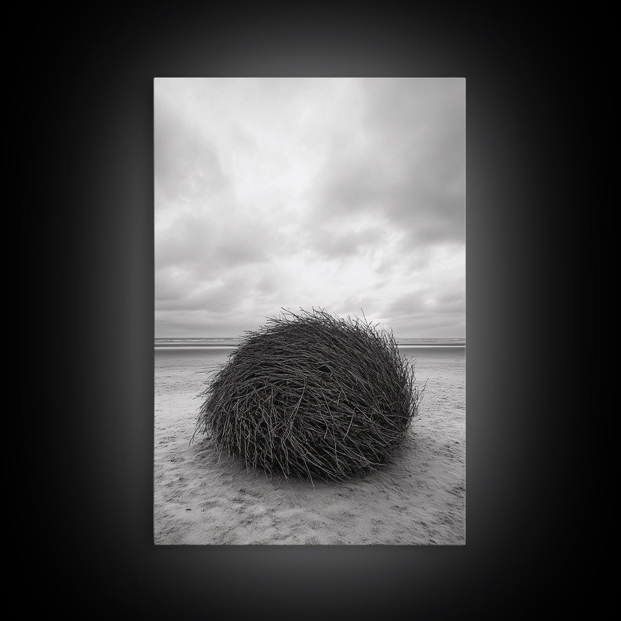 Windswept Beach Nest, Natural Sculpture, Driftwood Ball, Solitude Scene, Canvas Print, Minimalist Wall Art, Neutral Bedroom Decor
