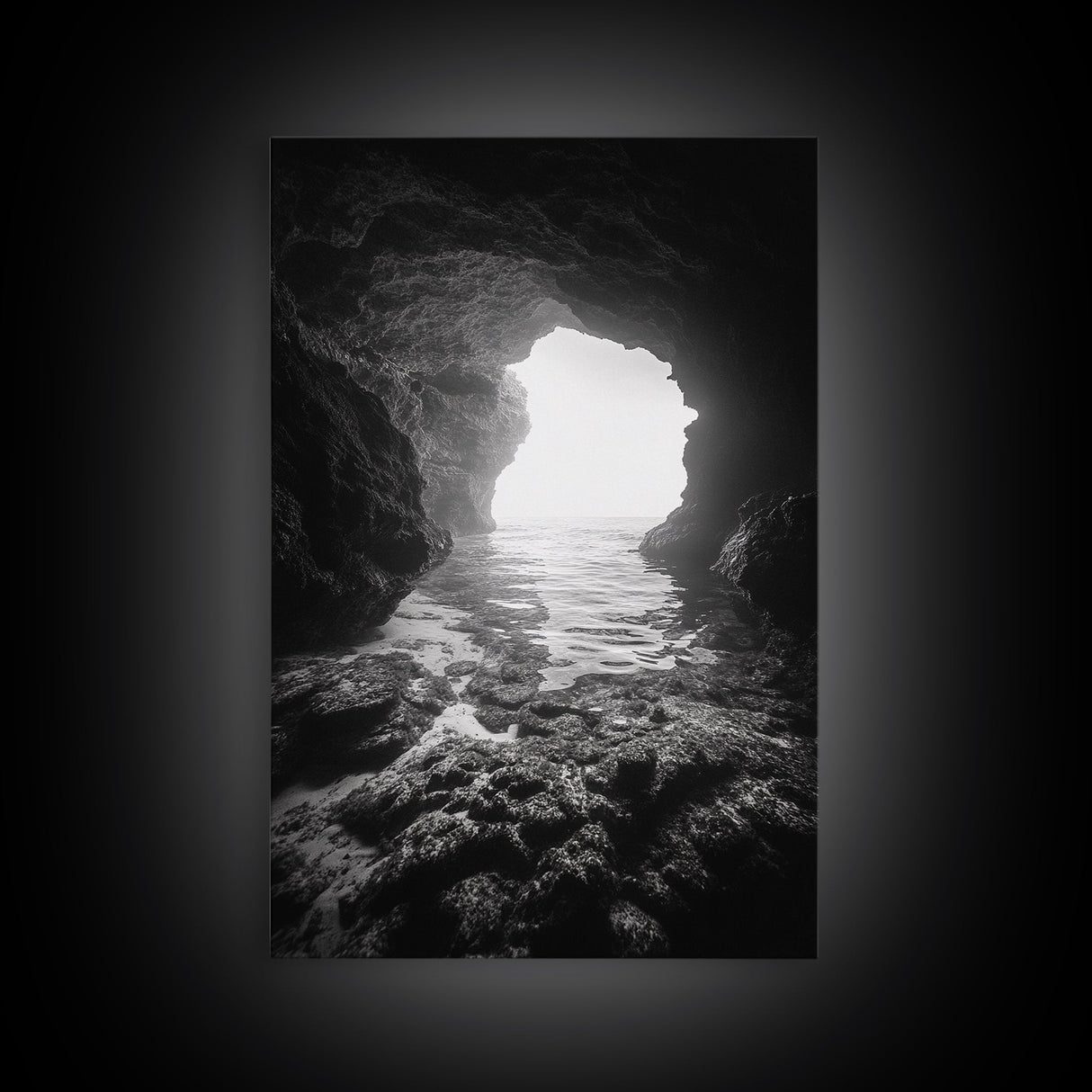 Sea Cave Entrance, Ocean Grotto, Light Escape, Rocky Tide, Canvas Print, Bathroom Wall Art, Black and White Seascape Photo