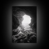 Sea Cave Entrance, Ocean Grotto, Light Escape, Rocky Tide, Canvas Print, Bathroom Wall Art, Black and White Seascape Photo