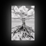 Half Underwater Tree, Split View Nature, Aquatic Roots, Stormy Skies, Framed Canvas Print, Coastal Wall Art, Unique Nature Photography