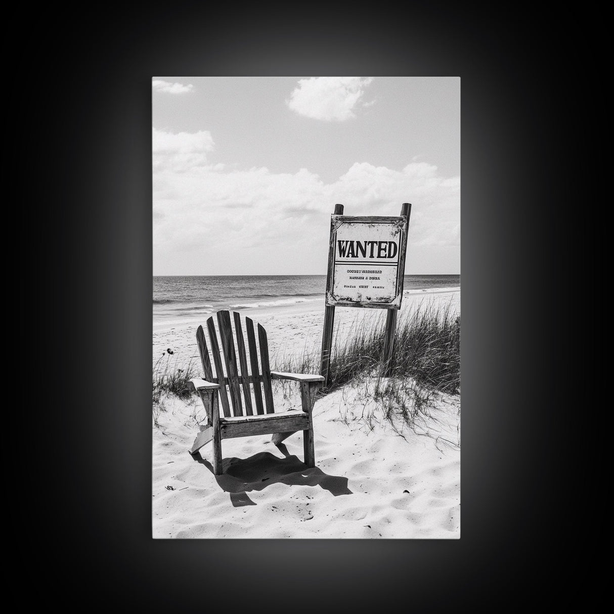 Wanted Poster, Beach Chair, Western Humor, Framed Canvas Print, Man Cave Decor, Coastal Country Style, Black and White Photography