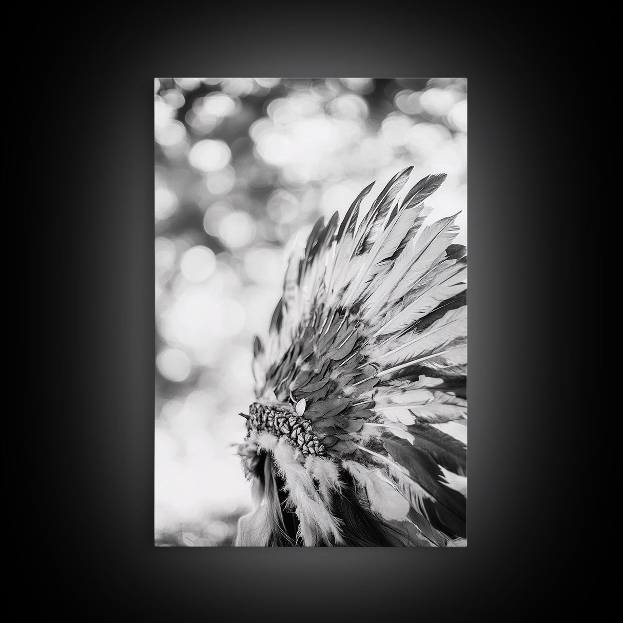 Feather Headdress, Native Style, Tribal Detail, Canvas Print, Boho Wall Decor, Cultural Art, Bedroom Accent, Earthy Minimalism